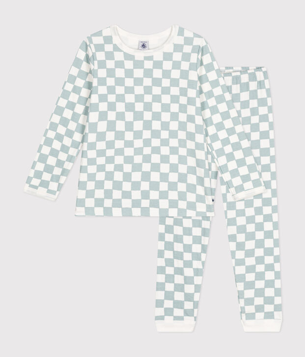 Pyjama en coton imprim&eacute; damier enfant blanc/vert