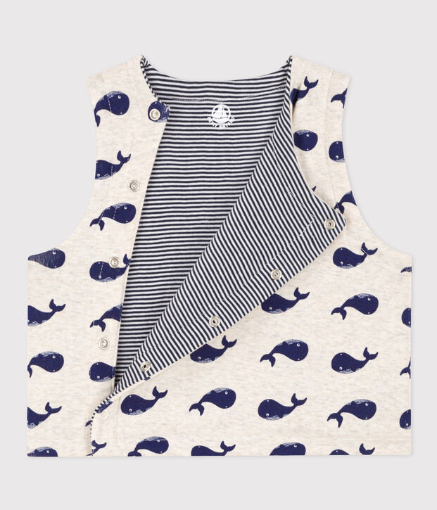 Gilet sans manche b&eacute;b&eacute; baleines reversible en coton beige/bleu