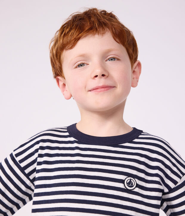 Tee-shirt enfant manches longues &agrave; rayures bleu/blanc/bleu