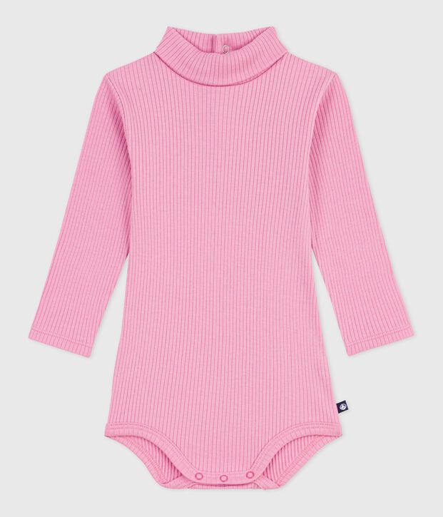 Body b&eacute;b&eacute; col roul&eacute; en coton uni rose