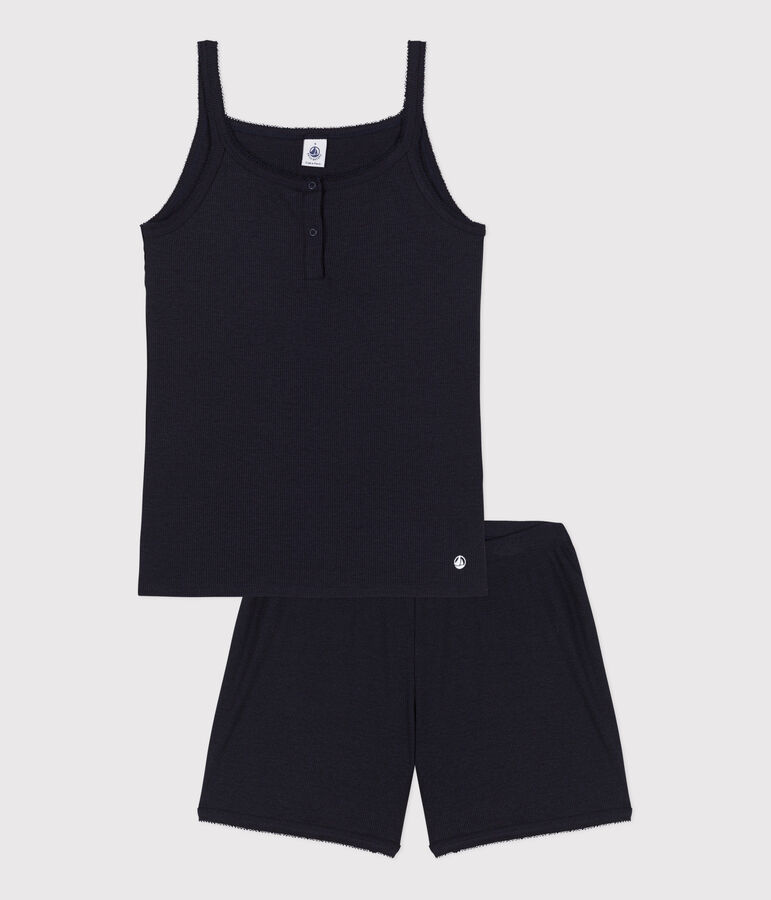 Pyjacourt &agrave; bretelles uni en coton et lyocell femme bleu SMOKING