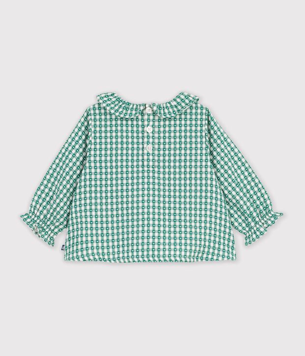 Blouse b&eacute;b&eacute; en coton manches longues imprim&eacute;e vichy c&oelig;urs vert/blanc