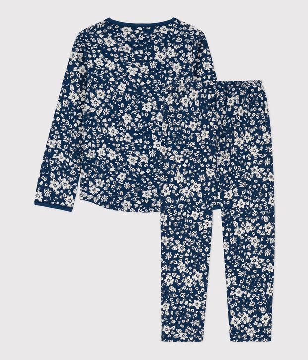 Pyjama fleur petite fille en coton bleu/blanc