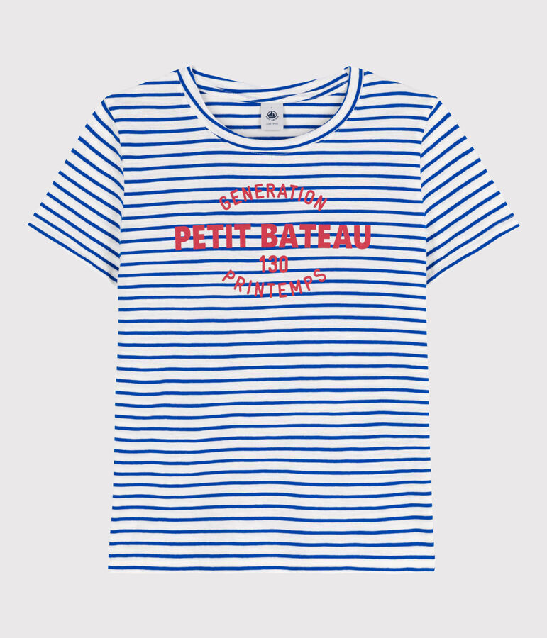 Tee-shirt LE DROIT 130 ans col rond en coton Femme blanc MARSHMALLOW/bleu PERSE