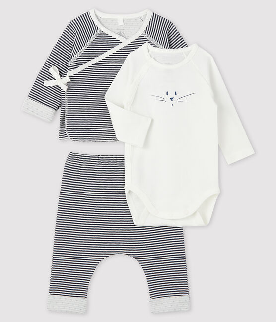 Ensemble 3 pièces bébé en tubique bleu SMOKING/blanc MARSHMALLOW