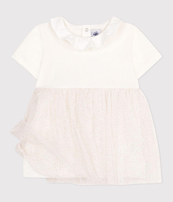 Robe bébé en coton et tulle manches courtes et colerette blanc MARSHMALLOW/rose COPPER