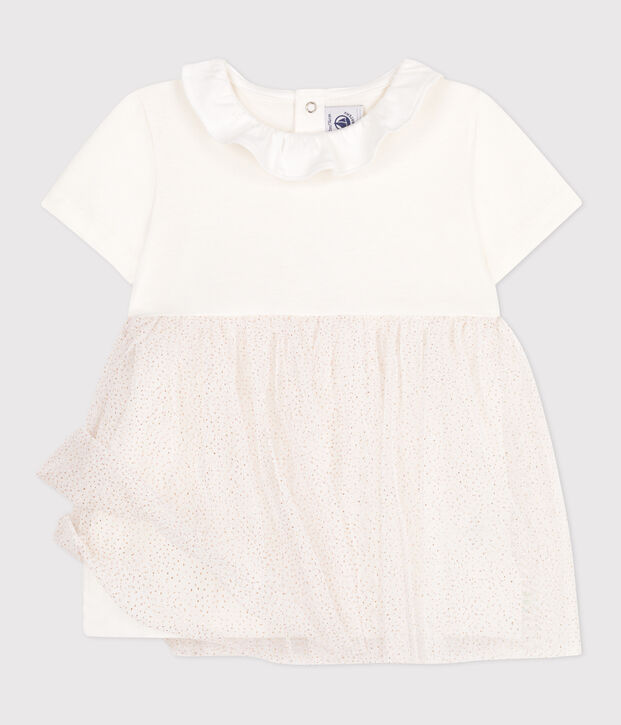 Robe b&eacute;b&eacute; en coton et tulle manches courtes et colerette blanc/rose