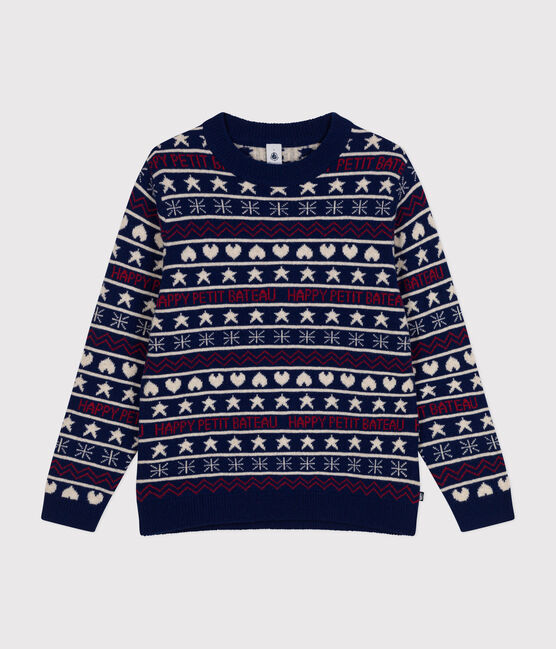 Pull jacquard laine et coton femme bleu MEDIEVAL/blanc MULTICO