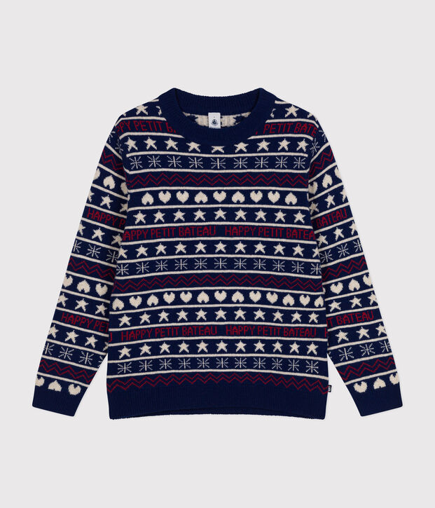 Pull jacquard laine et coton femme bleu/multicouleur