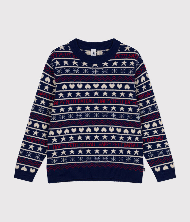 Pull jacquard laine et coton femme bleu MEDIEVAL/blanc MULTICO