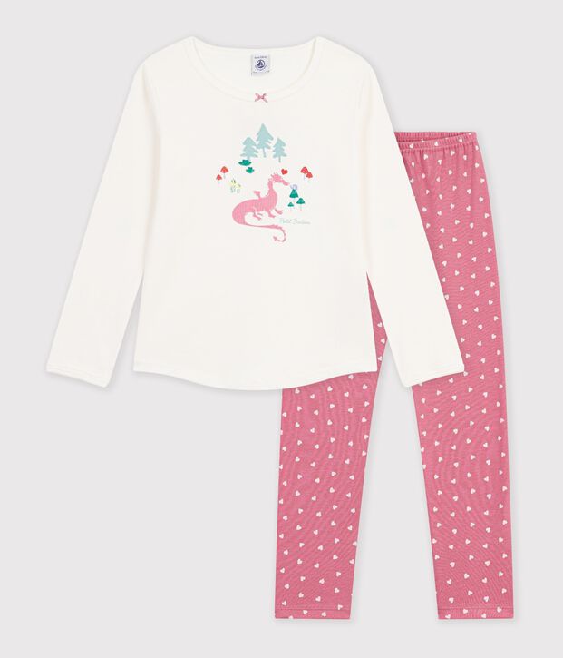 Pyjama enfant en coton &agrave; motif dragons rose/blanc