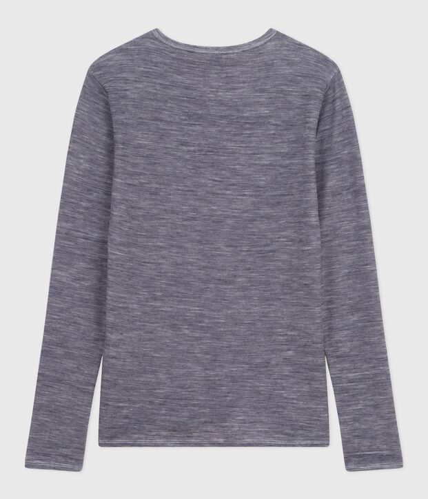 Tee-shirt femme en laine et coton manches longues &agrave; rayures bleu/blanc