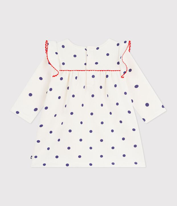 Robe b&eacute;b&eacute; en coton manches longues, imprim&eacute;e pois bleu/bleu