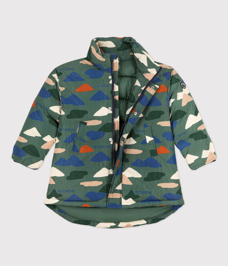 Doudoune mi-longue imprim&eacute;e enfant fille / gar&ccedil;on vert VALLEE/&eacute;cru MULTICO