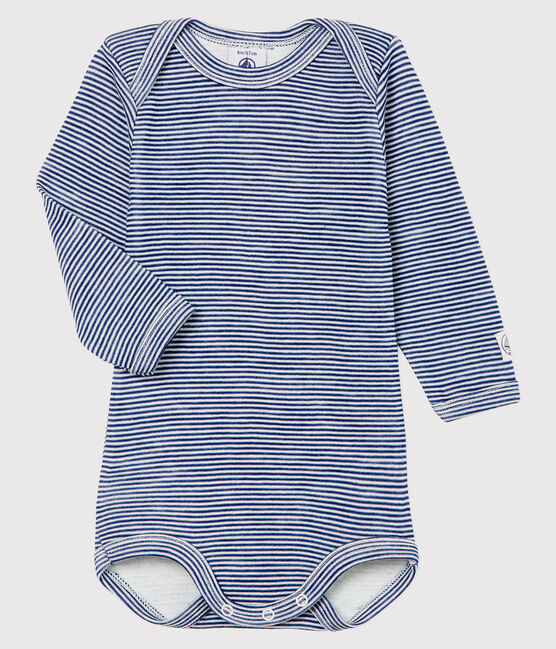 BODY MANCHES LONGUES À RAYURES BÉBÉ EN LAINE ET COTON bleu MEDIEVAL/blanc MARSHMALLOW
