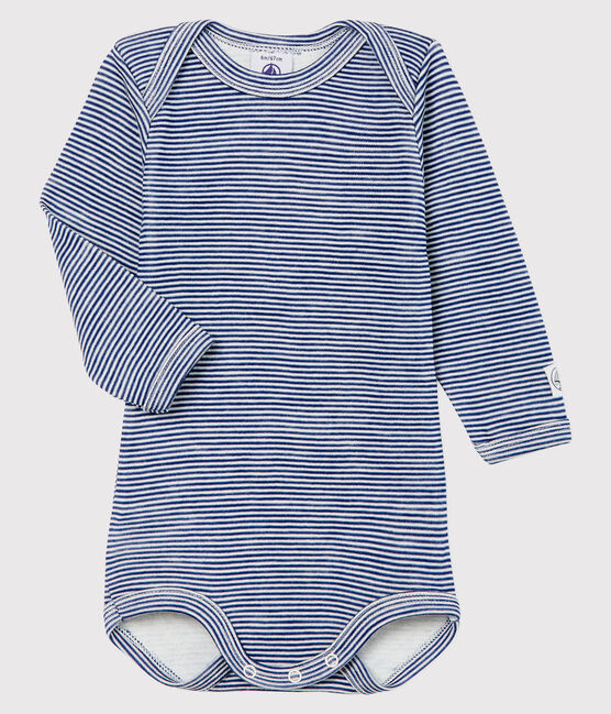 Body manches longues à rayures bébé en laine et coton bleu MEDIEVAL/blanc MARSHMALLOW