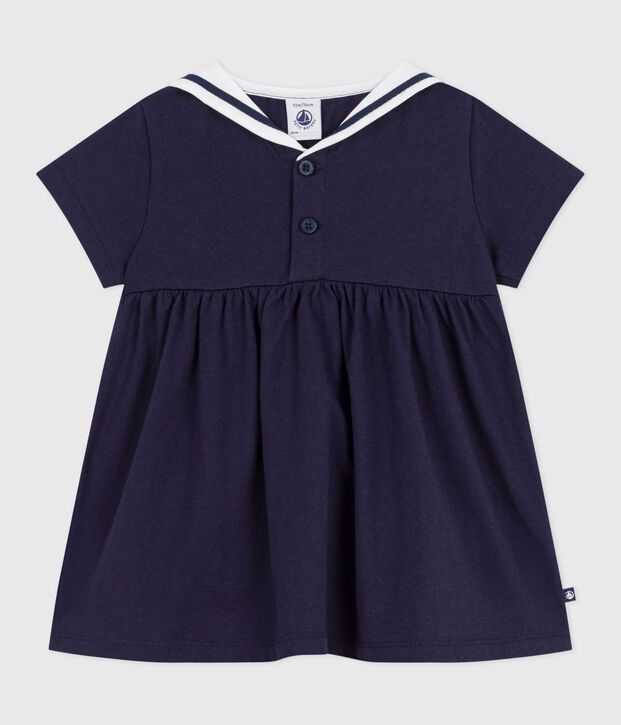 Robe b&eacute;b&eacute; en coton manches courtes, unie avec son col marin bleu marine
