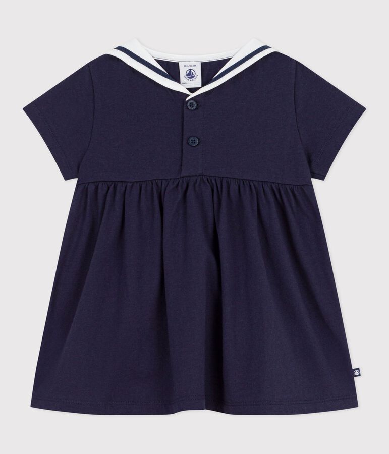 Robe b&eacute;b&eacute; en coton manches courtes, unie avec son col marin bleu SMOKING
