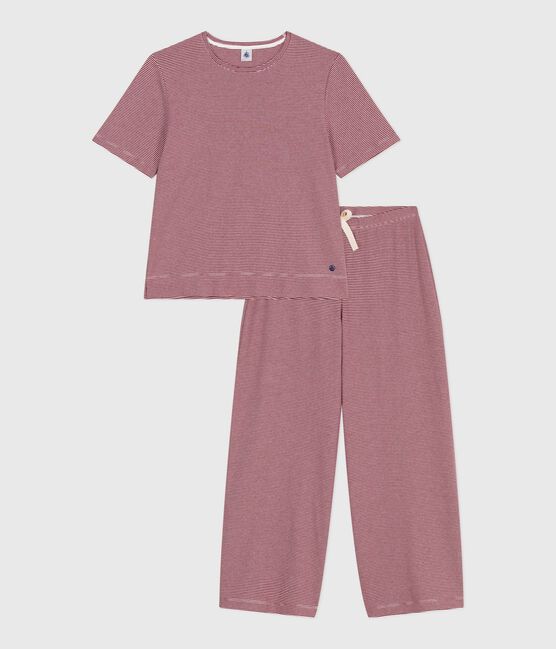 Pyjama femme en coton manches courtes jambes larges à rayures rouge AMARANTE/ MARSHMALLOW