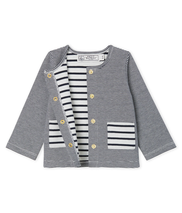 Cardigan b&eacute;b&eacute; fille en maille ray&eacute;e bleu/blanc