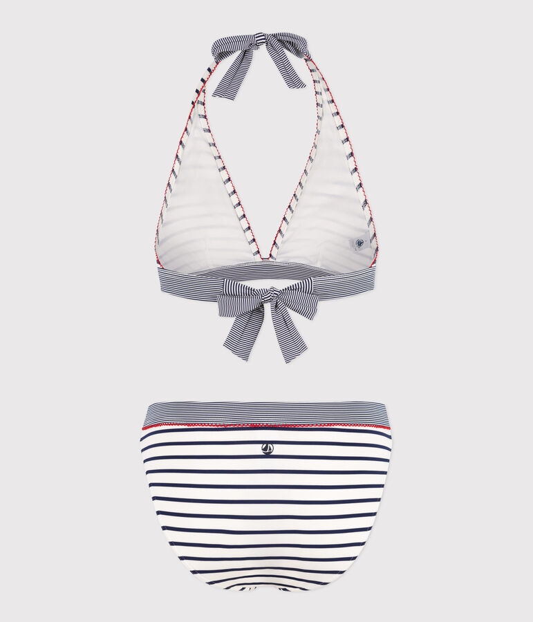 Maillot de bain deux pi&egrave;ces femme &agrave; rayures blanc MARSHMALLOW/bleu MEDIEVAL