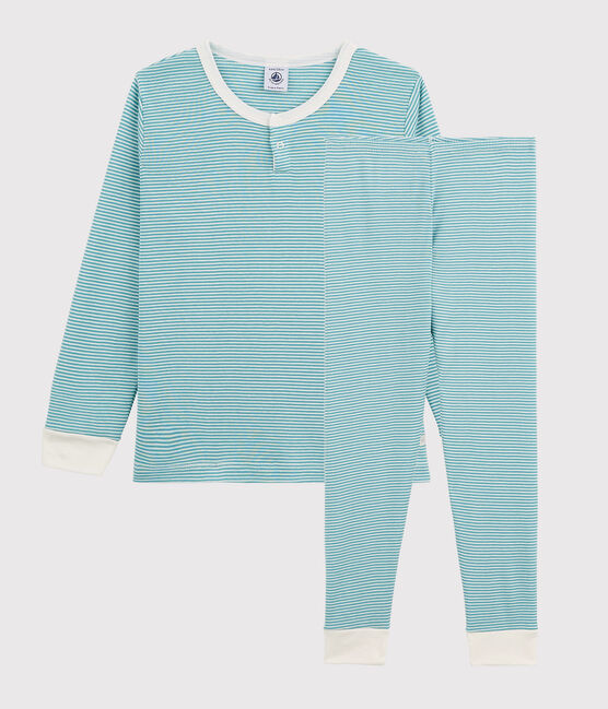 Pyjama rayé en coton et lyocell enfant bleu MIROIR/blanc MARSHMALLOW