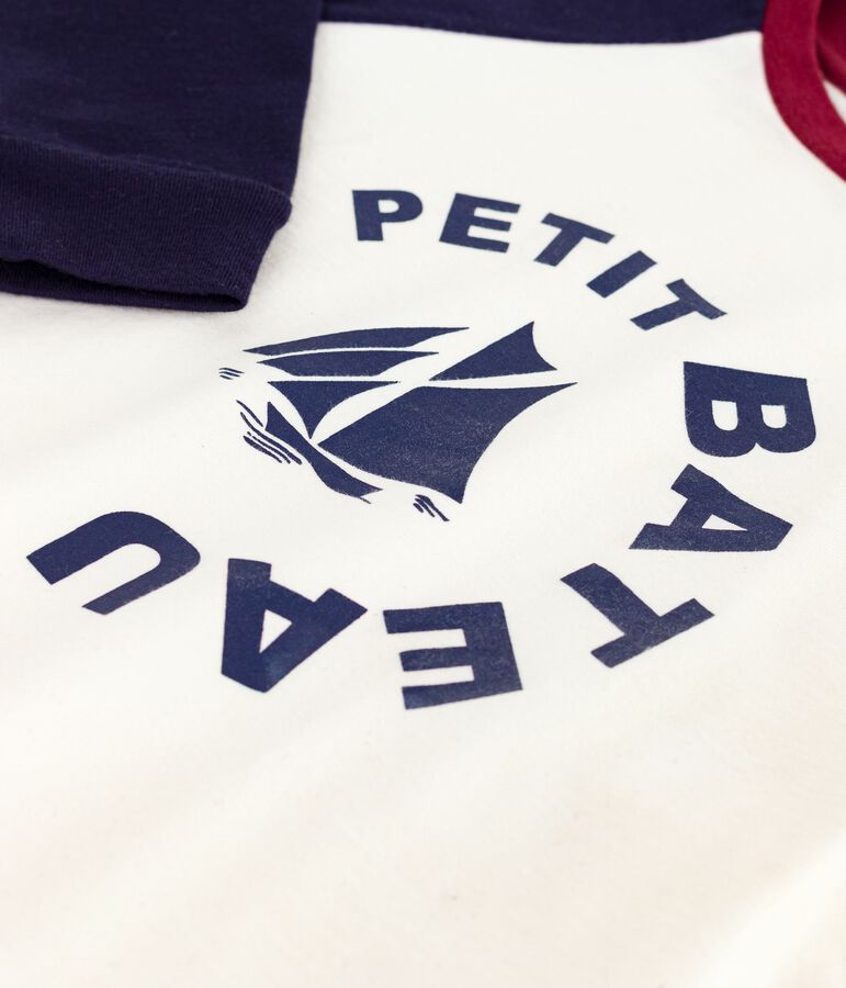 Tee-shirt enfant manches longues en coton imprim&eacute; colorblock &eacute;cru/bleu