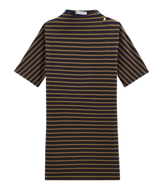 Robe femme rayée manches courtes en jersey lourd bleu SMOKING/marron BRINDILLE