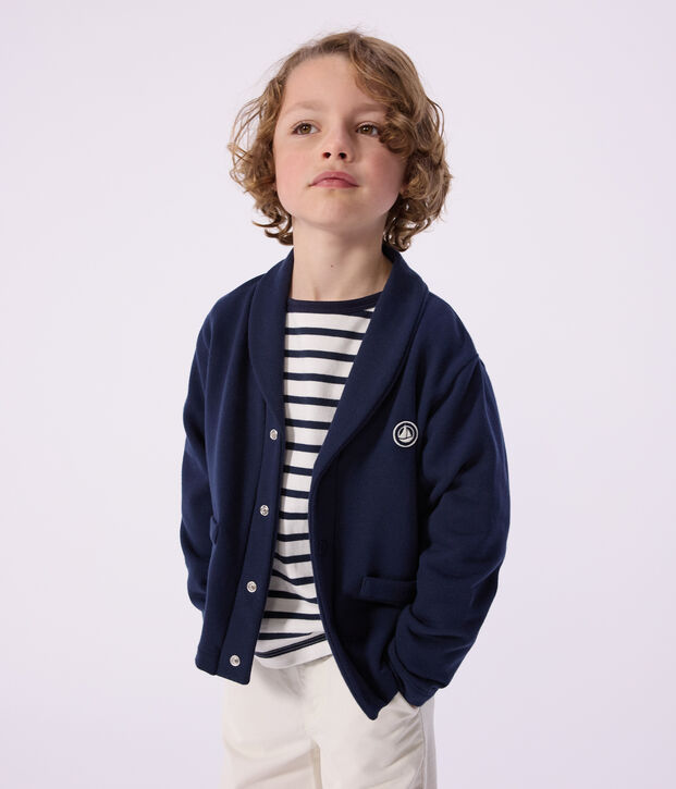 Cardigan enfant en coton uni bleu marine
