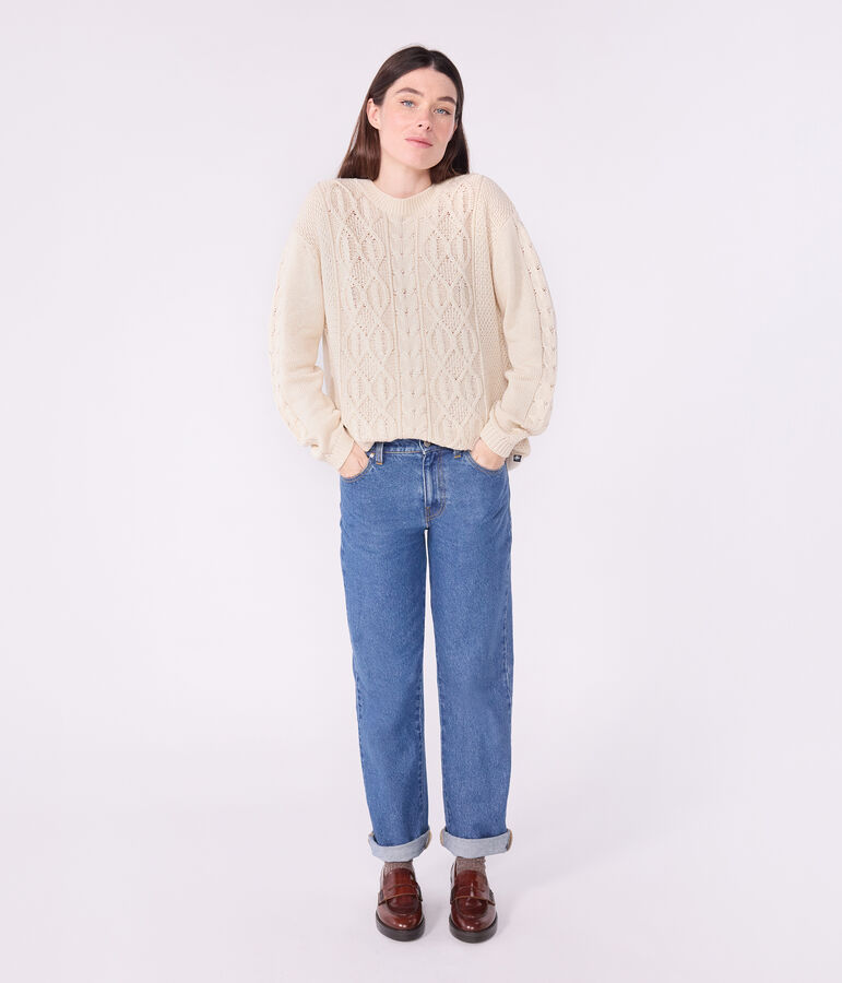 Pull femme en laine et coton torsad&eacute; uni &eacute;cru AVALANCHE