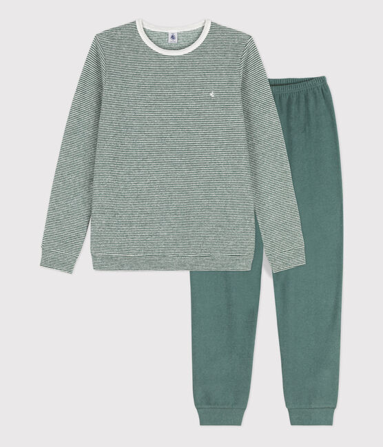 Pyjama milleraies fille/garçon en coton vert VALLEE/blanc MARSHMALLOW