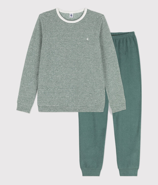 Pyjama milleraies fille/gar&ccedil;on en coton vert/blanc