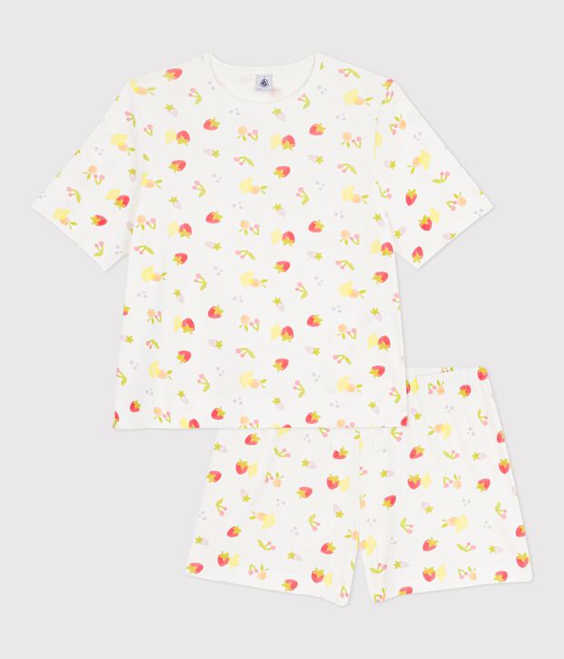 Pyjama short femme en coton imprim&eacute; fruits blanc/multicouleur