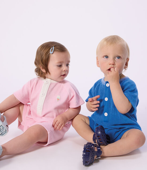 Combinaison courte b&eacute;b&eacute; en coton unie rose clair