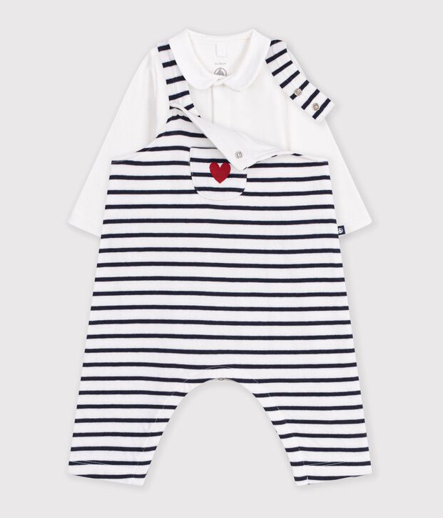 Ensemble salopette et body b&eacute;b&eacute; en coton avec col, &agrave; rayures blanc/bleu