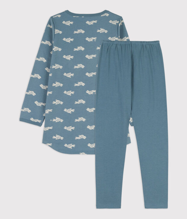 Chemise de nuit et legging oiseau petite fille en molleton et en coton bleu/blanc