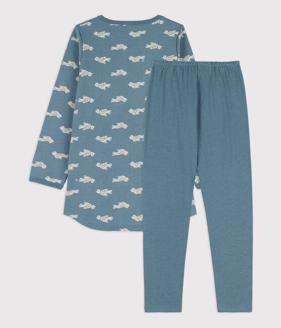 Chemise de nuit et legging oiseau petite fille en molleton et en coton bleu ROVER/blanc MARSHMALLOW
