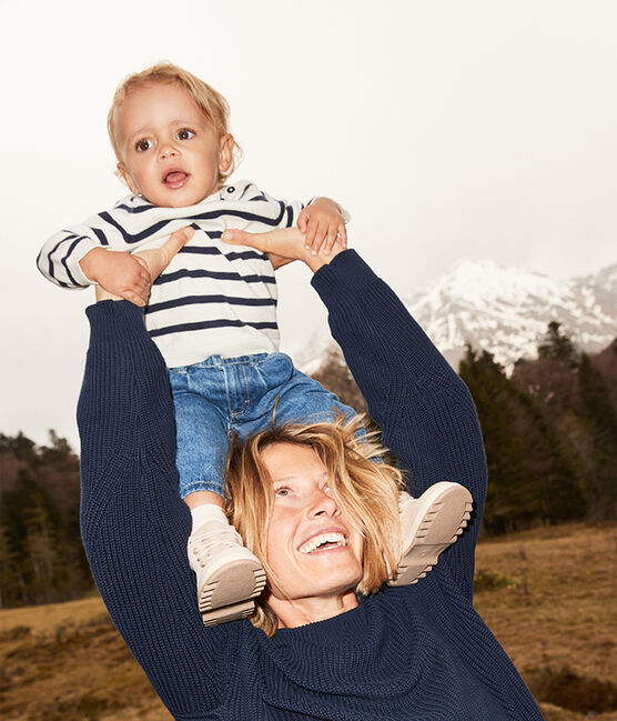 Pull bébé en laine et coton rayé marinière blanc MARSHMALLOW/bleu SMOKING