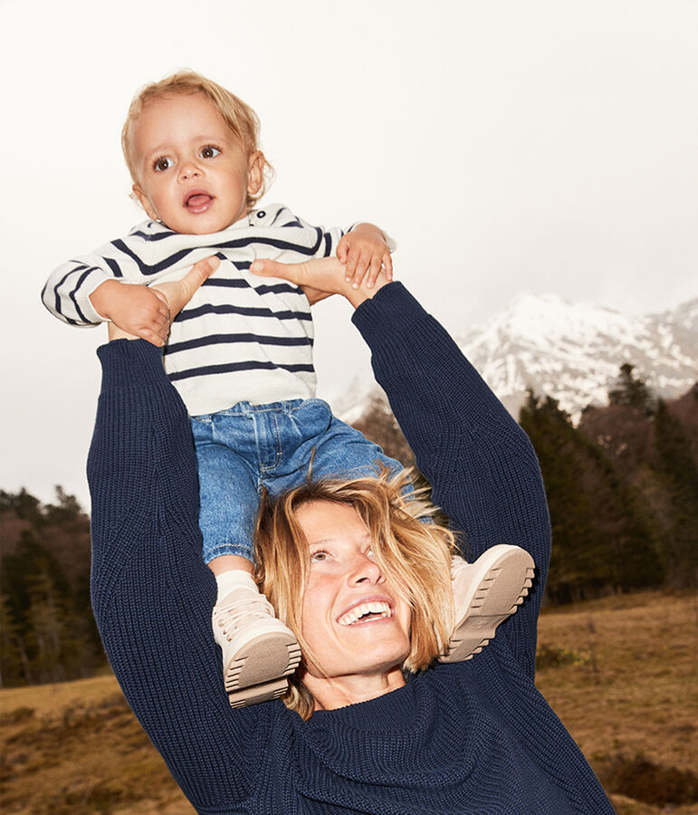 Pull b&eacute;b&eacute; en laine et coton ray&eacute; marini&egrave;re blanc MARSHMALLOW/bleu SMOKING