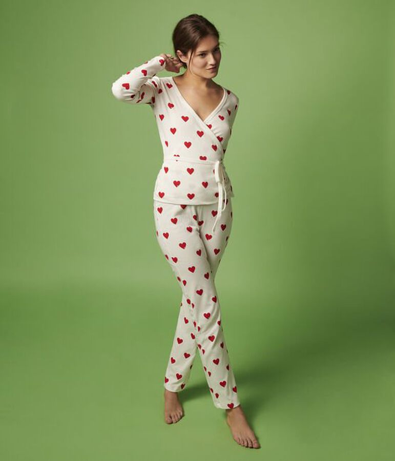 Cale&ccedil;on homewear en coton &agrave; c&oelig;urs Femme blanc/rouge