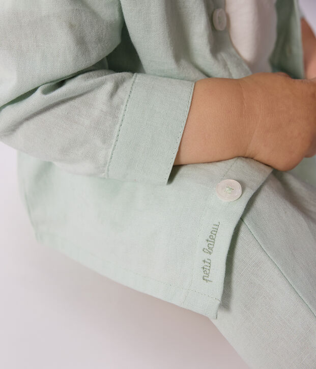Chemise b&eacute;b&eacute; en coton/lin &agrave; manches longues, unie vert