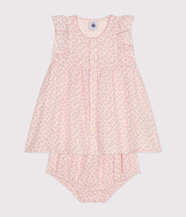 Robe manches courtes et bloomer en gaze de coton b&eacute;b&eacute; &eacute;cru/rose