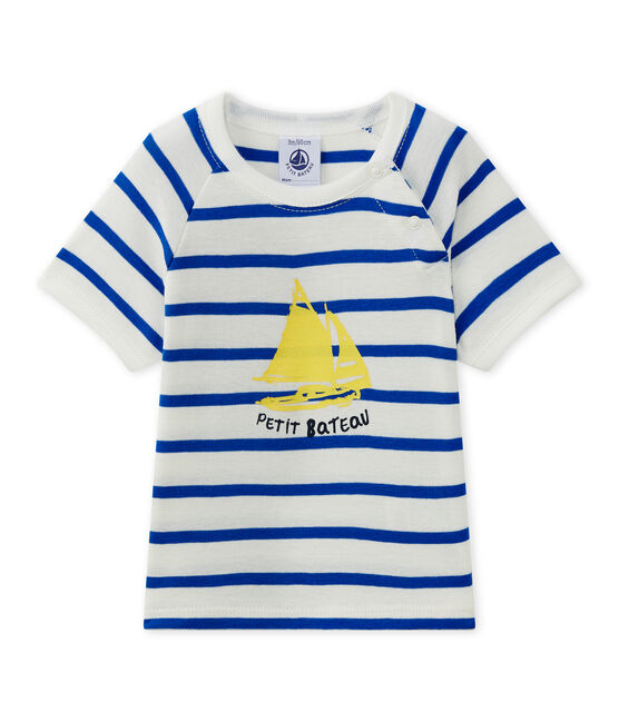 Tee-shirt bébé garçon manches courtes blanc MARSHMALLOW/bleu PERSE