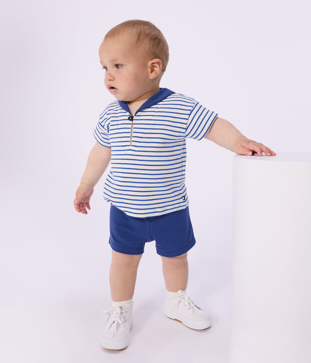 Ensemble b&eacute;b&eacute; deux pi&egrave;ces en coton, tee-shirt col marin bleu/bleu
