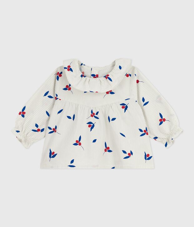 Blouse b&eacute;b&eacute; en popeline de coton manches longues, imprim&eacute; baies bleu/multicouleur