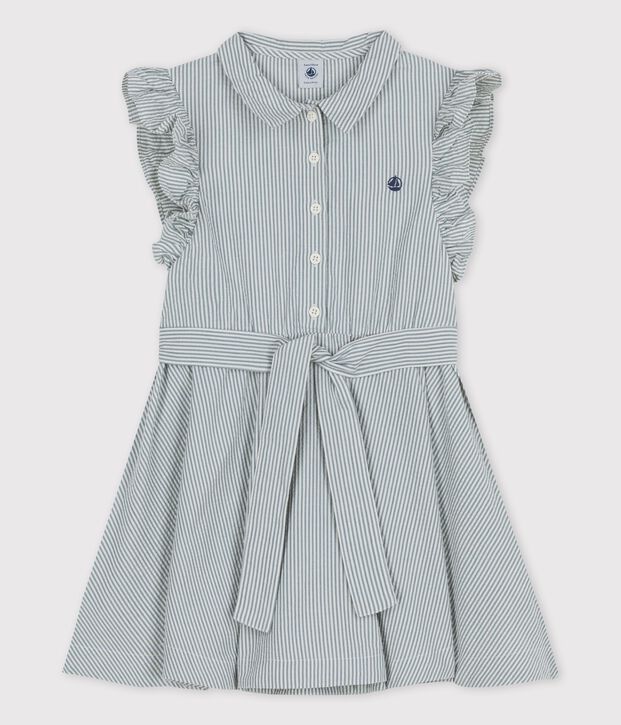 Robe sans manche en seersucker bio enfant fille vert/blanc