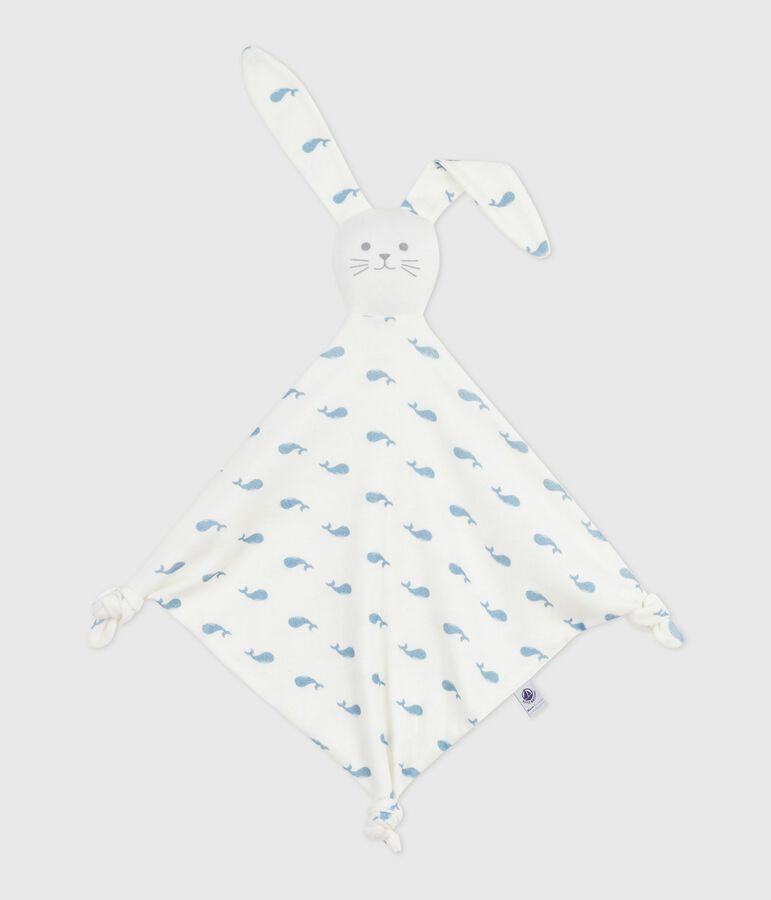 Doudou b&eacute;b&eacute; en coton imprim&eacute; baleine blanc/bleu