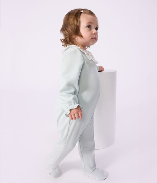 Pyjama b&eacute;b&eacute; en coton ouverture au dos uni &agrave; collerette vert