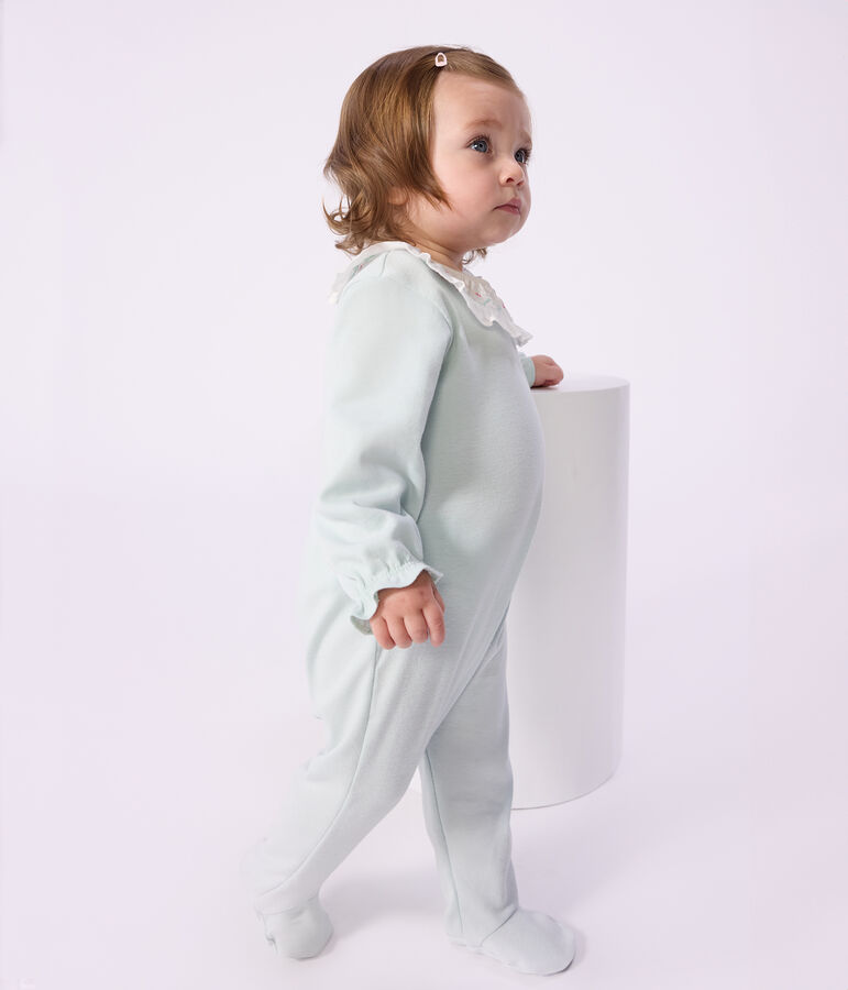 Pyjama b&eacute;b&eacute; en coton ouverture au dos uni &agrave; collerette bleu
