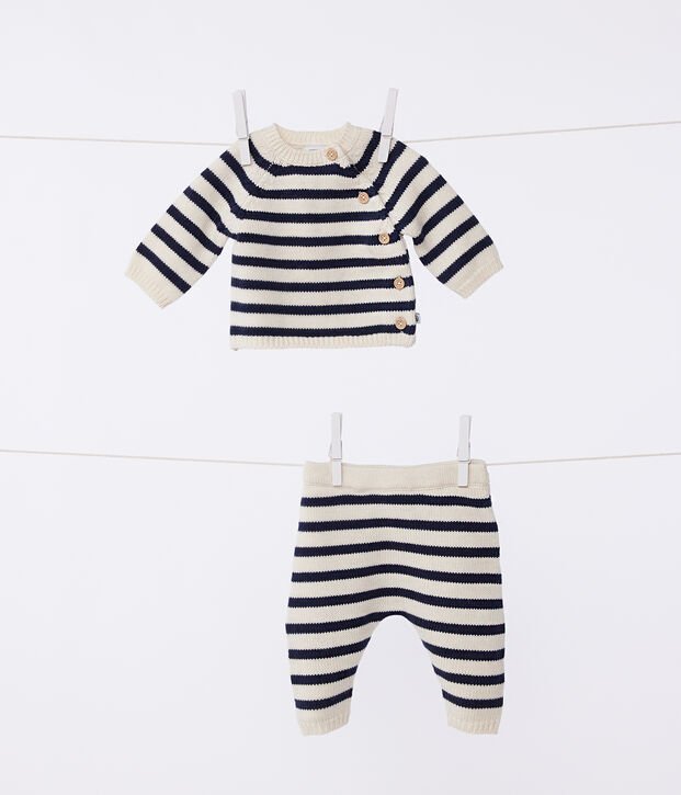 Ensemble en tricot laine et coton rayure marini&egrave;re b&eacute;b&eacute; &eacute;cru/bleu